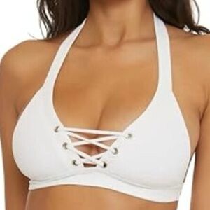 BECCA white modern edge ribbed halter style black bikini swim top size M NWT